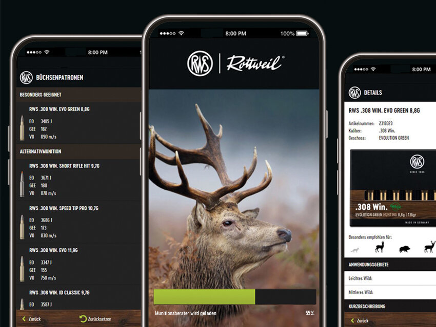 three smartphones and their screens with illustrations of the webapp RWS: Ammo Advisor