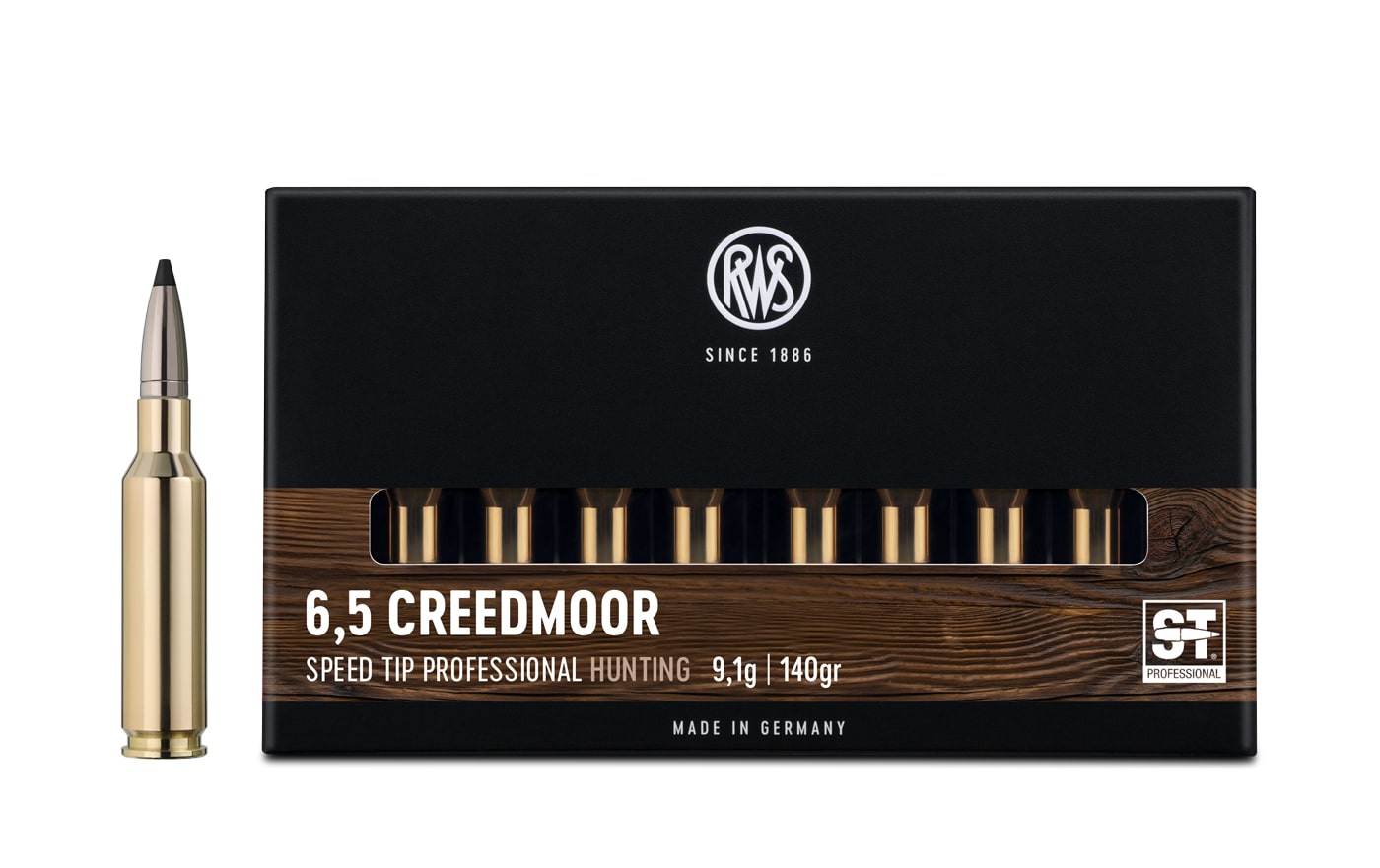 Packaging of the RWS 6,5 Creedmoor SPEED TIP PROFESSIONAL together with a rifle cartridge